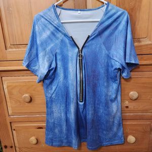 New Cyabie V-Neck Short Sleeved Top Women's Blue Print Size XL